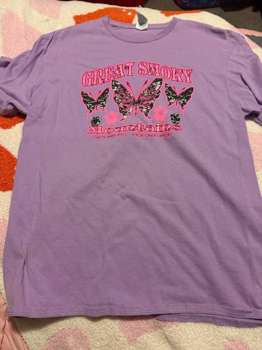 Delta Lavender Short Sleeve Tee with Pink & Black Butterfly Graphic